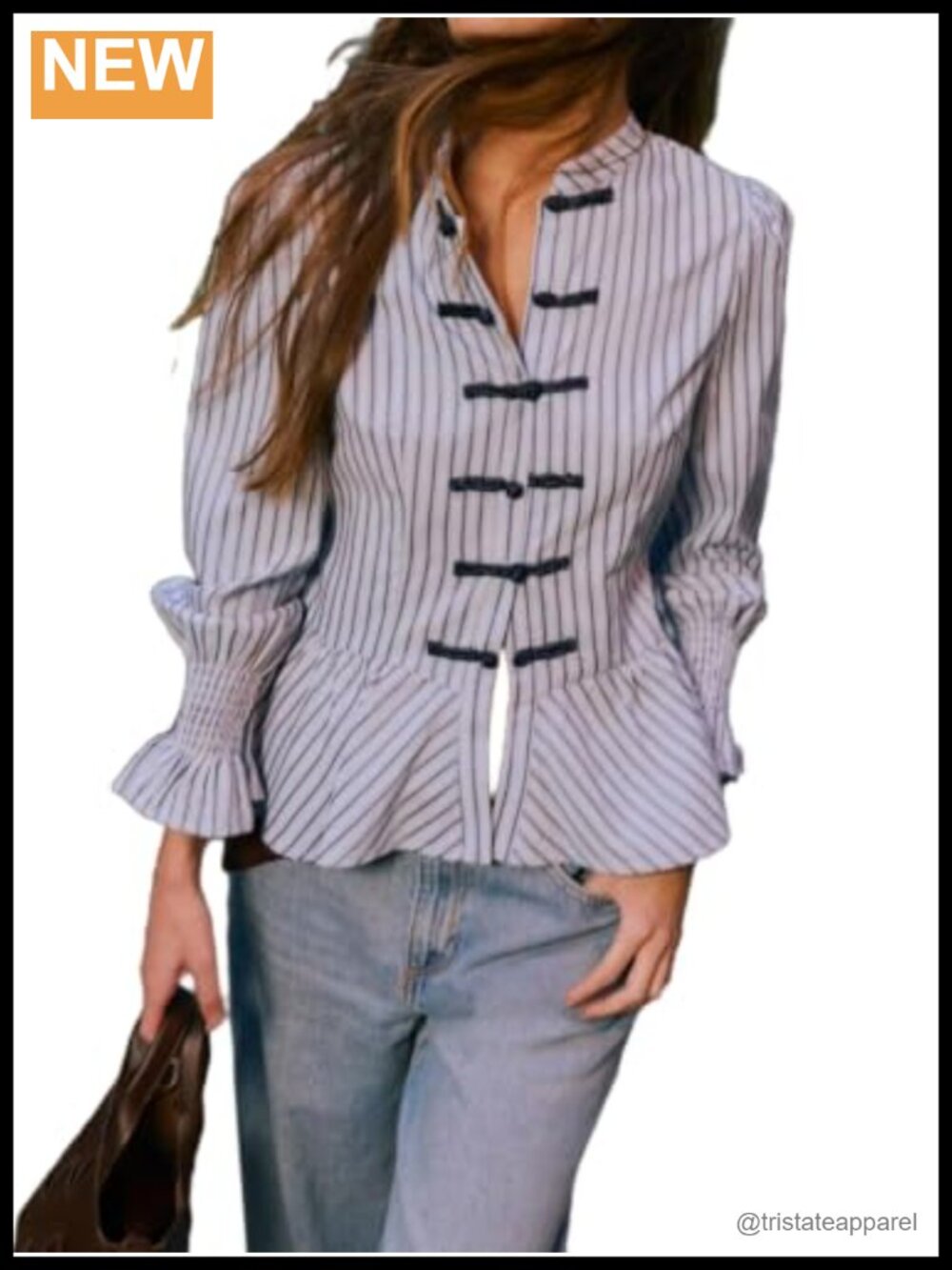 Striped Mock Neck Long Sleeve Peplum Blouse Button Down Work Top